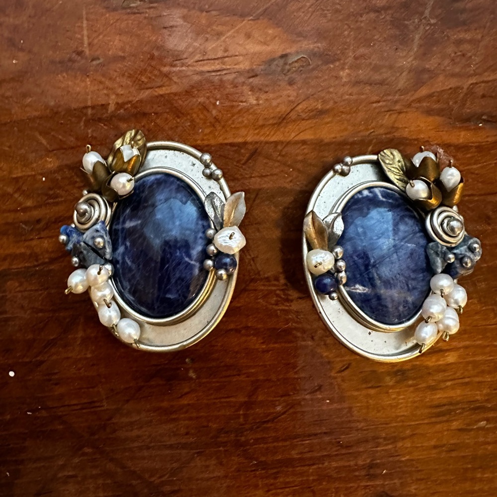 Vintage Blue Stone and Pearl Earrings